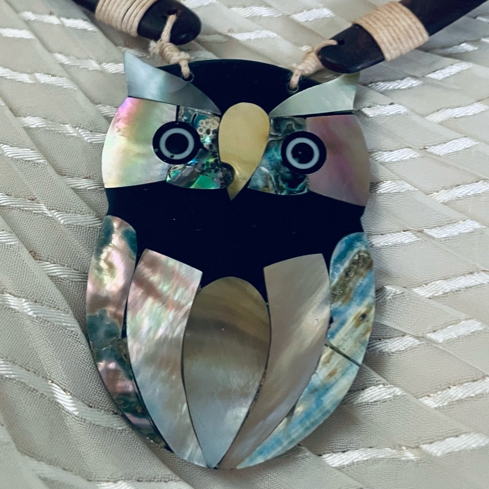 Owl Pendant Necklace with wood and shells Accents - Picture 6 of 9